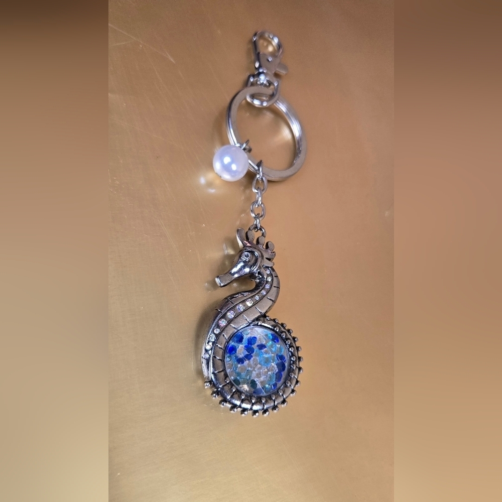 Silver Tone Vtg Seahorse Keychain/ Bag Charm  with Blue Crystal Accents - Picture 8 of 17